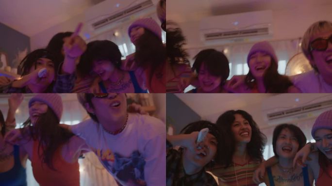 酷酷的青少年朋友们在一个色彩缤纷的通宵派对上拥抱、唱歌、跳舞。幸福地生活在一起