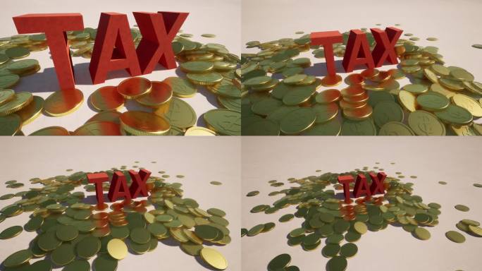 一堆金币上的红字“TAX”闪闪发光，上面还有一个美元符号