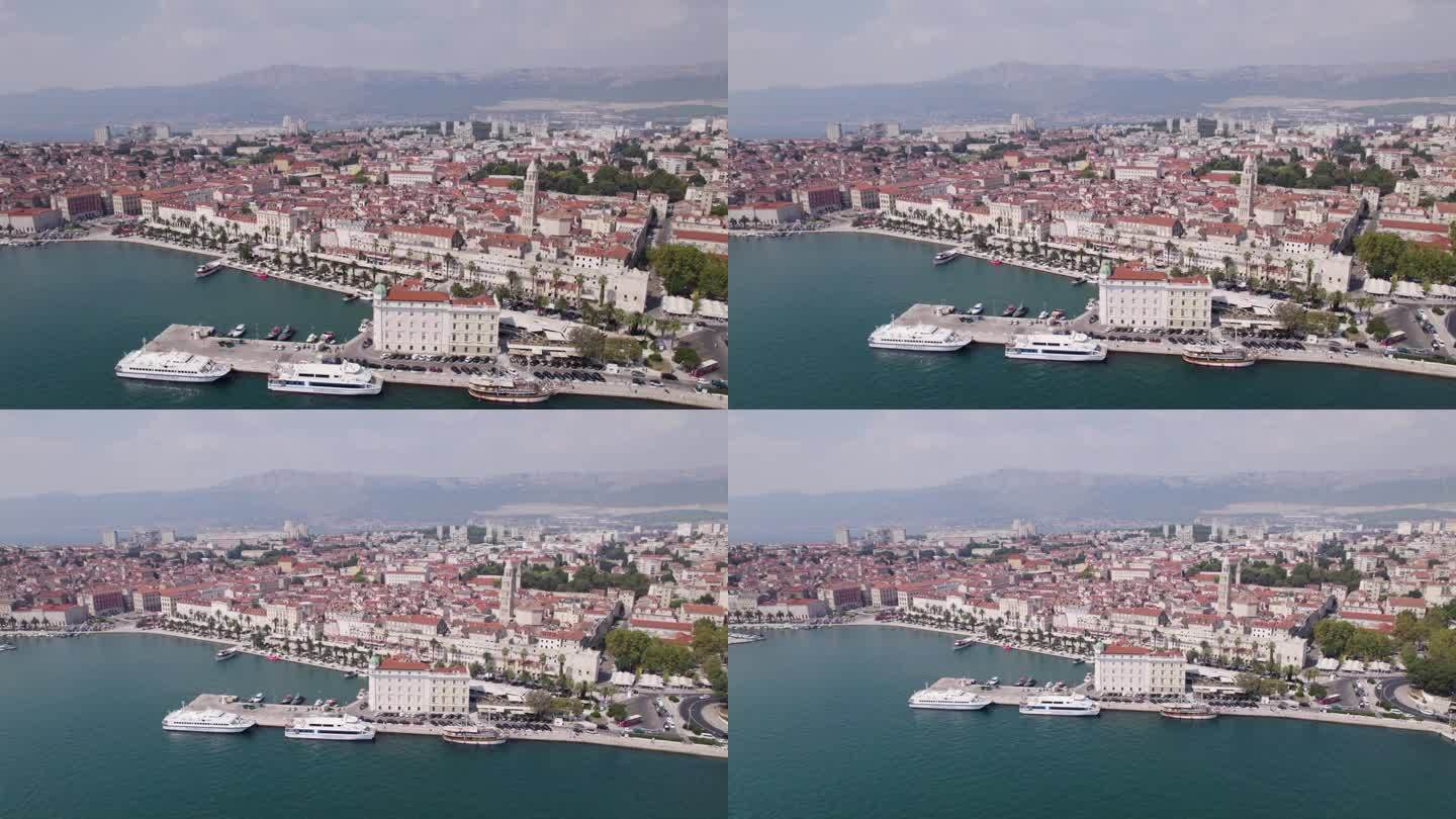 达尔马提亚最大城市的空中建立者。分裂,克罗地亚。全景拉出，海港视野