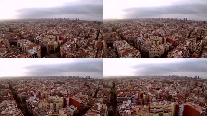 巴塞罗那城市天际线的电影鸟瞰图。