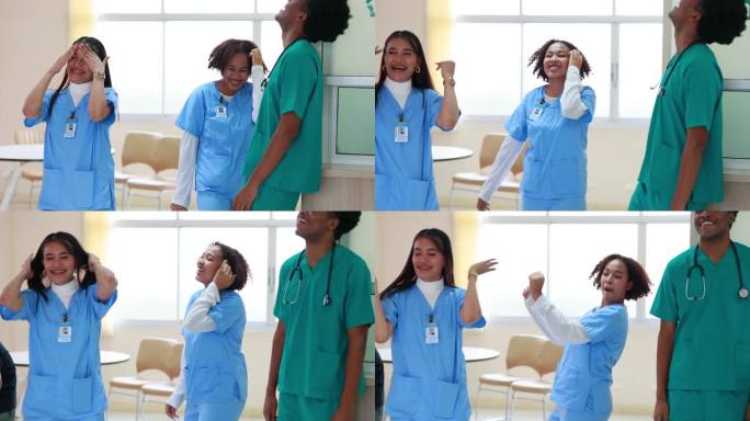 一群快乐的医生老师、实习医生和护士在医院里一起跳舞。团结和团队合作的理念。非裔美国人