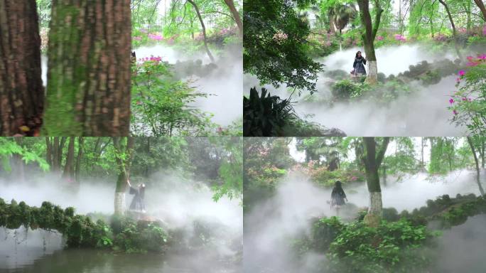 洛丽塔女生在武汉植物园迷雾森林中漫步