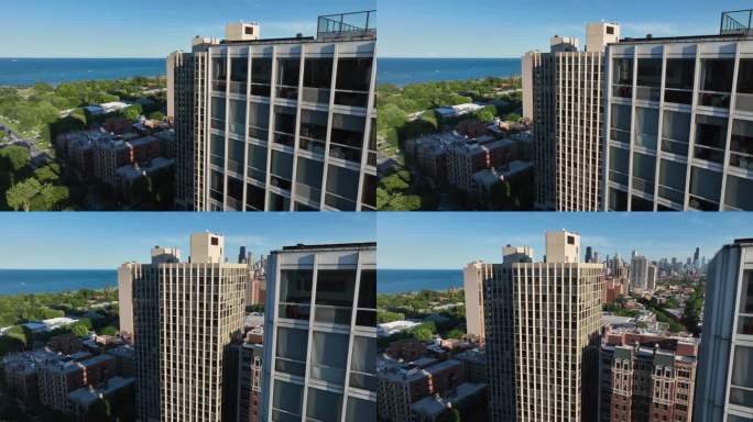 芝加哥市中心北部住宅楼周围的航拍照片。建立以绿色公园和密歇根湖为特色的镜头，同时揭示天际线。