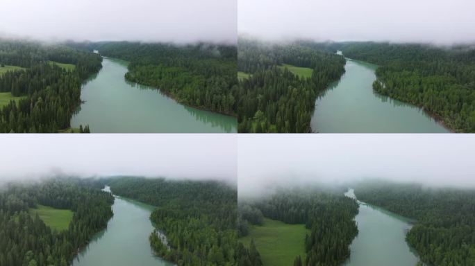 航拍夏天的新疆喀纳斯河风景