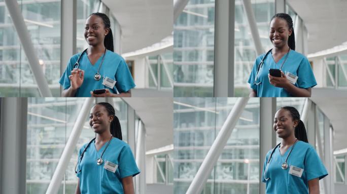 黑人女性，护士，在医院里带着电话进行在线联系，医疗安排或远程医疗更新。快乐的医学生、医生和诊所大堂移