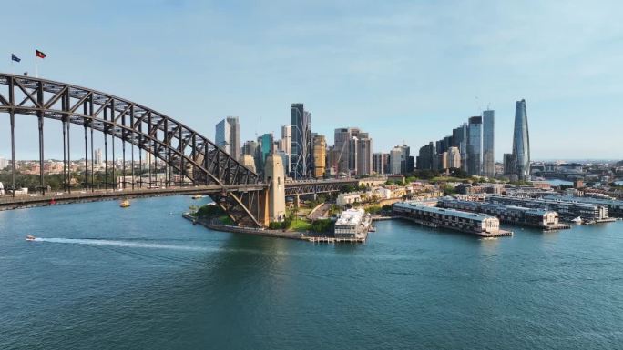 悉尼海港大桥俯瞰悉尼CBD和达令港日落，澳大利亚