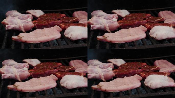 烤肉架上的生肉。鸡肉和猪肉放在烤架上烧烤