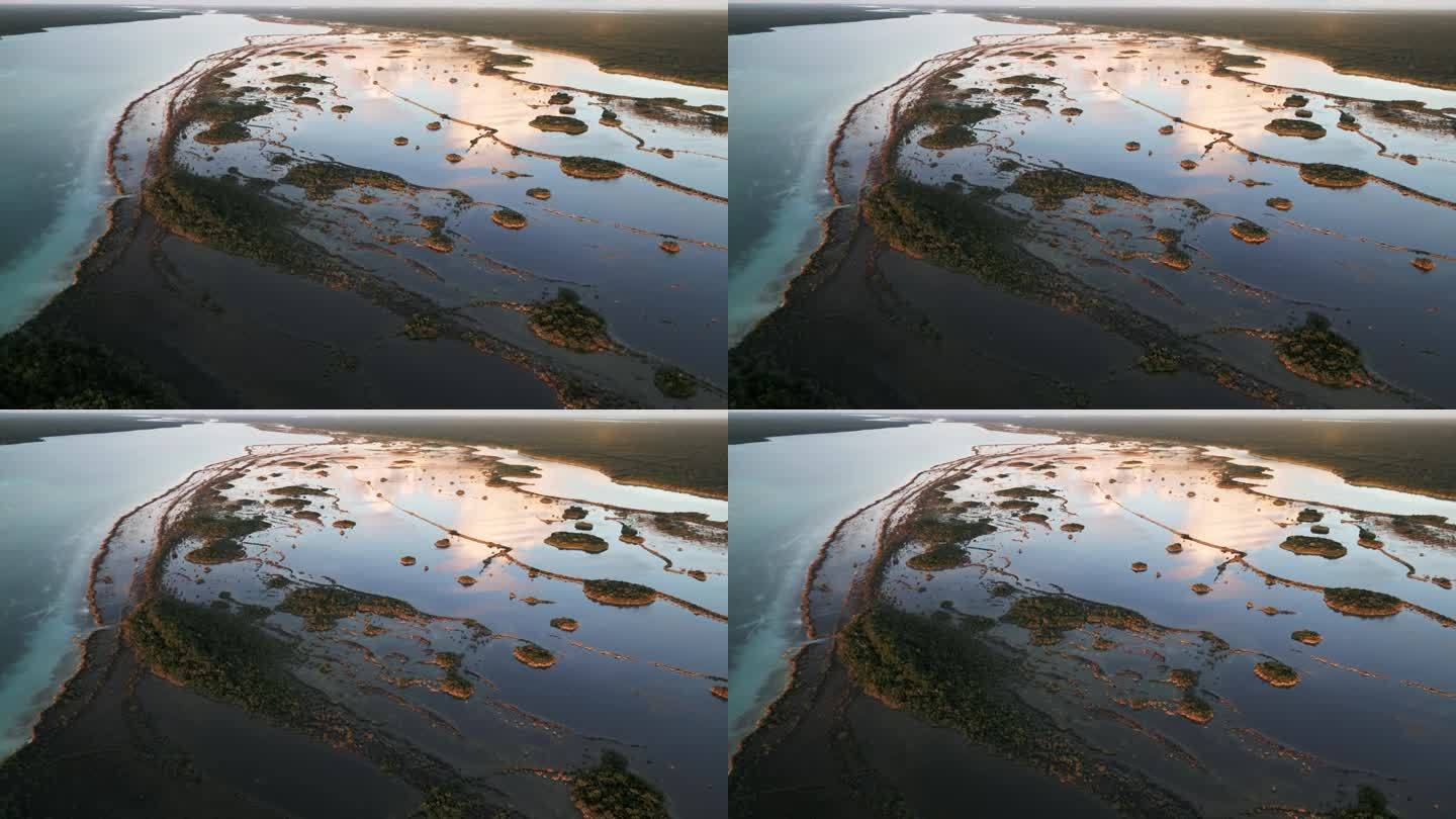 7色泻湖在墨西哥巴卡拉尔日落航拍镜头