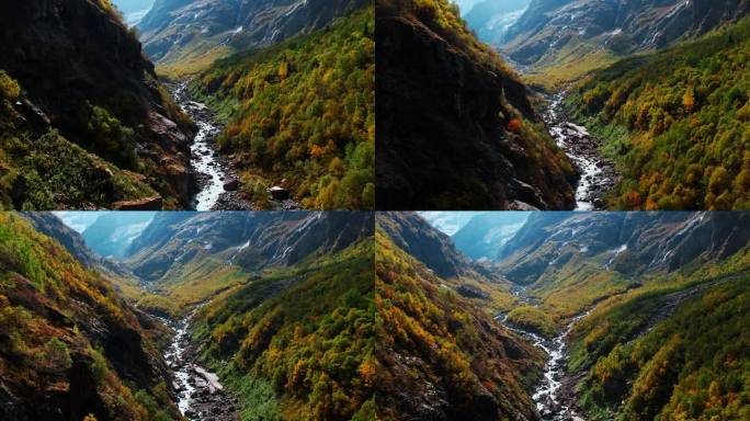 水从山流向小河在美丽的山谷在高地，鸟瞰图