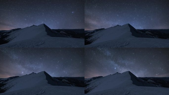 繁星满天的夜空中，银河系的星星在冬季阿尔卑斯山上快速运动，在冰冻的白雪皑皑的自然中天文延时4k uh