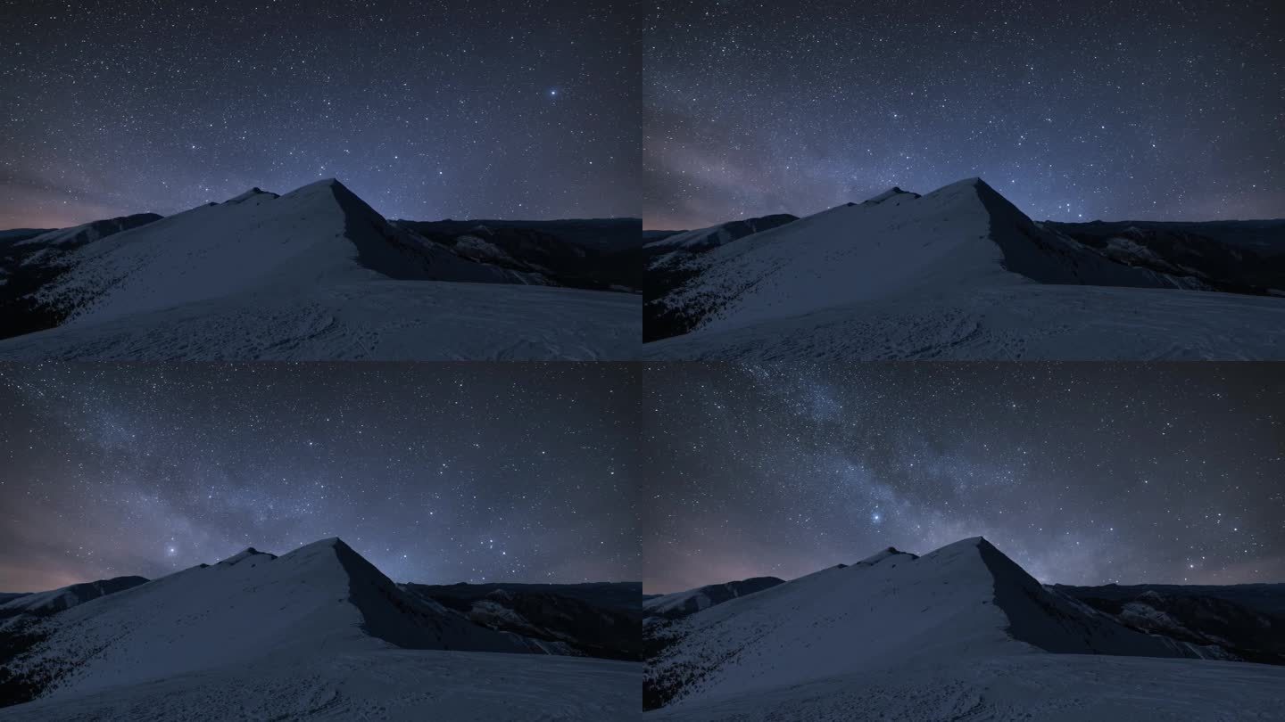 繁星满天的夜空中，银河系的星星在冬季阿尔卑斯山上快速运动，在冰冻的白雪皑皑的自然中天文延时4k uh