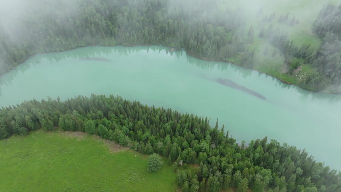 航拍夏季新疆喀纳斯月亮湾风景