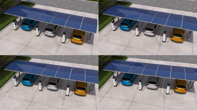 利用太阳能电池板能源、电动汽车充电站、清洁能源充电技术，电动汽车在停车场充电。