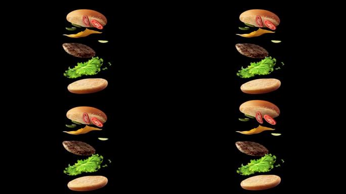 漂浮的汉堡，黑色背景，生菜，培根，洋葱，西红柿和黄瓜。汉堡的动画