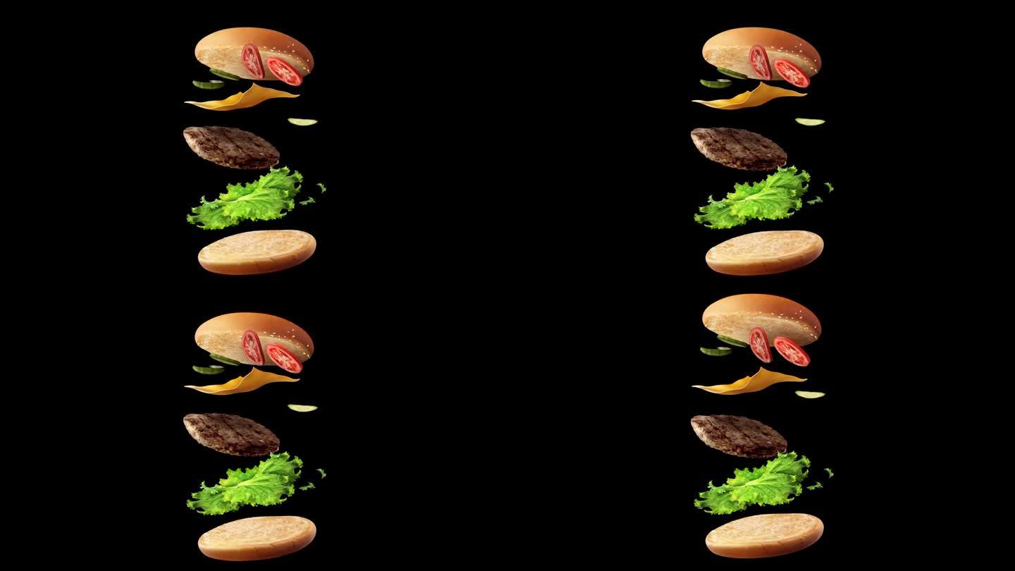 漂浮的汉堡，黑色背景，生菜，培根，洋葱，西红柿和黄瓜。汉堡的动画