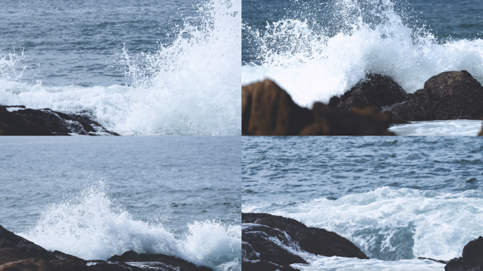台风天汹涌海浪拍打礁石