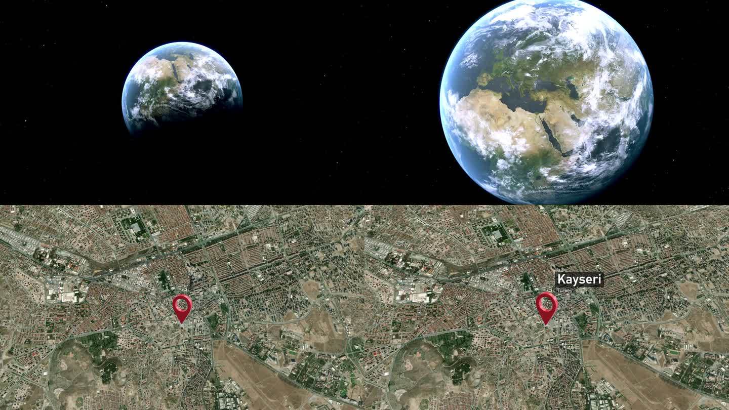 从太空到地球的开塞利城市地图缩放，土耳其(turye)
