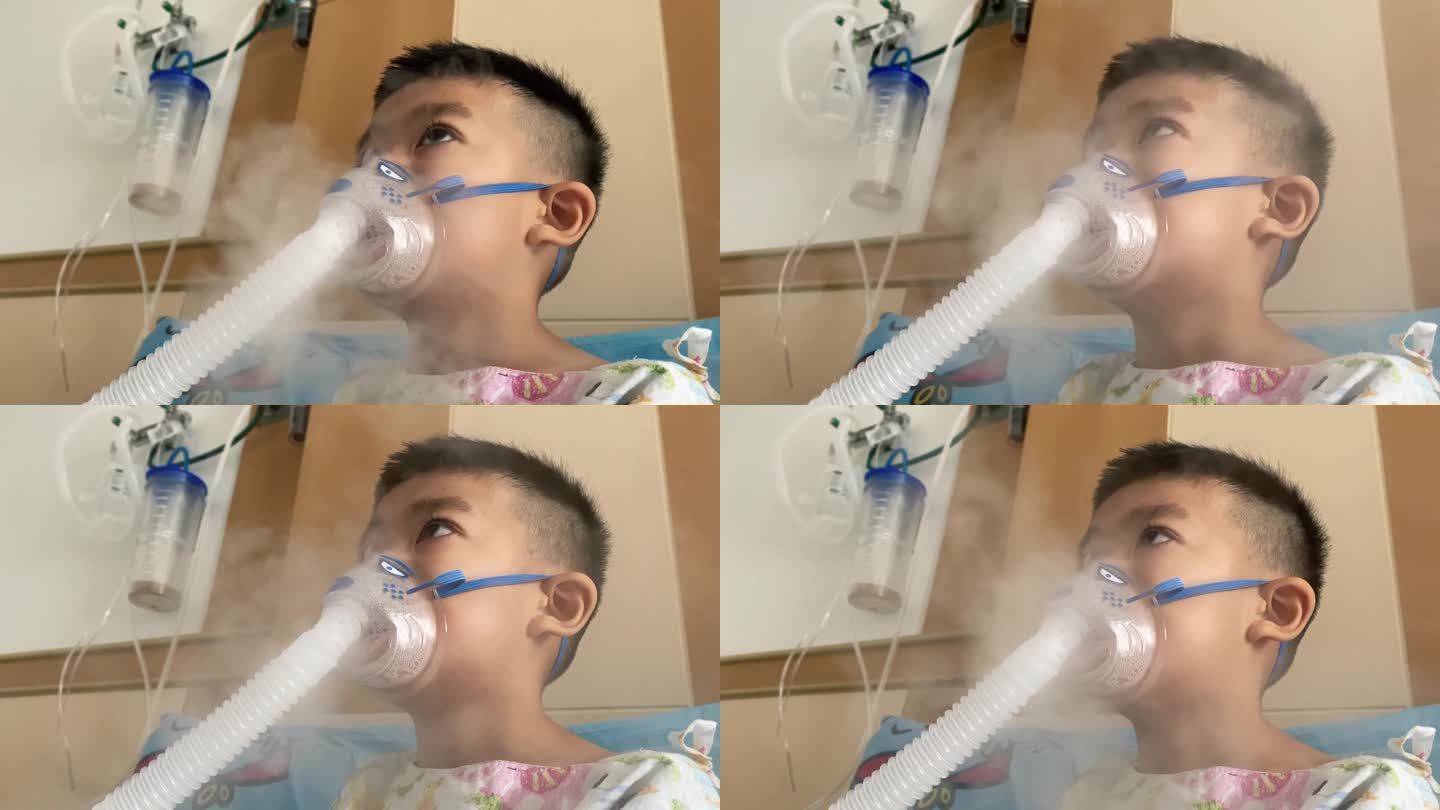 一名儿童正在接受哮喘吸入器治疗。