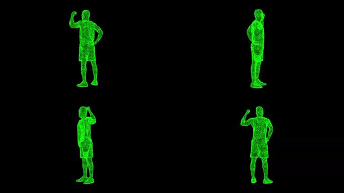 3D人显示他的二头肌在黑色背景上旋转。体育与竞赛概念。健身和训练。商业广告背景。用于标题，文本，演示