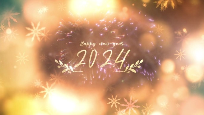 2024新年快乐金色光芒闪耀文字梦幻电影标题与闪闪发光的星星和烟花动画黑色抽象背景，