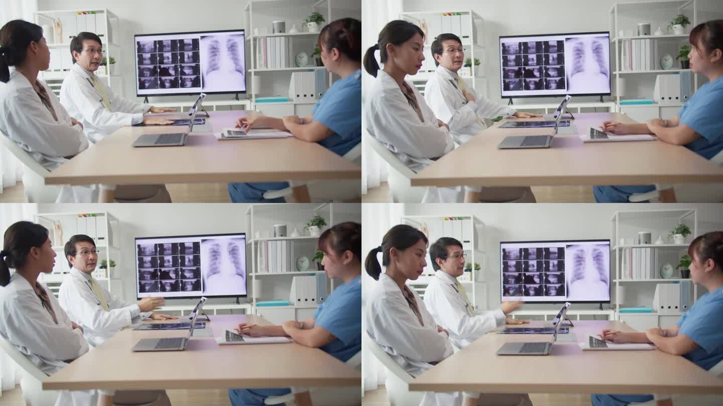 一组医生和护士在医院会面，分析电视屏幕上病人的x光片。