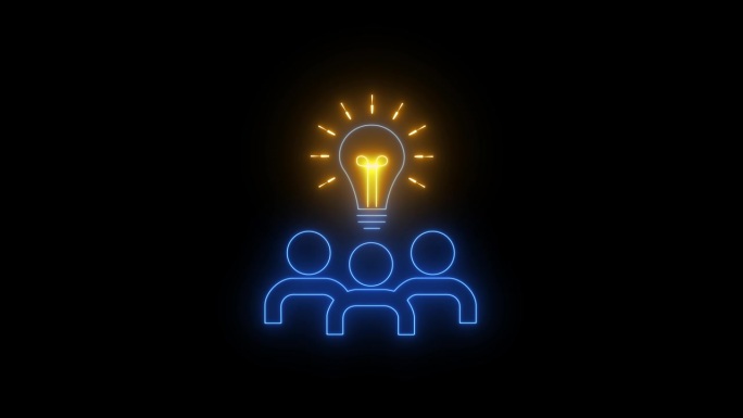 发光的霓虹灯线灯泡和人的图标隔离在透明的背景。想法，创新，创造力，精力，团队合作，思维和灵感观念。4