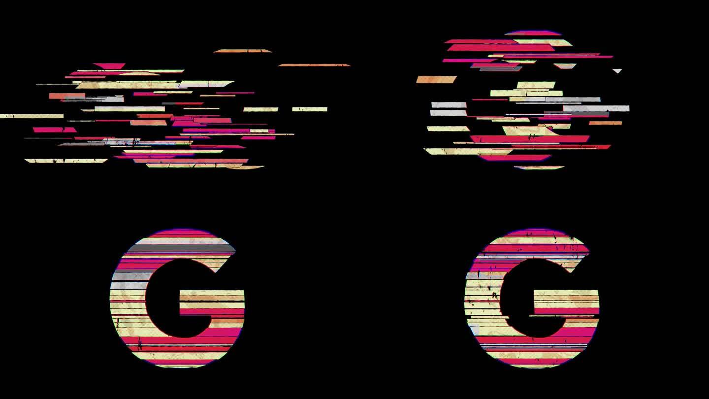 在4k动画透明背景上，G字母通过分散的卡通Glitchy风格出现。