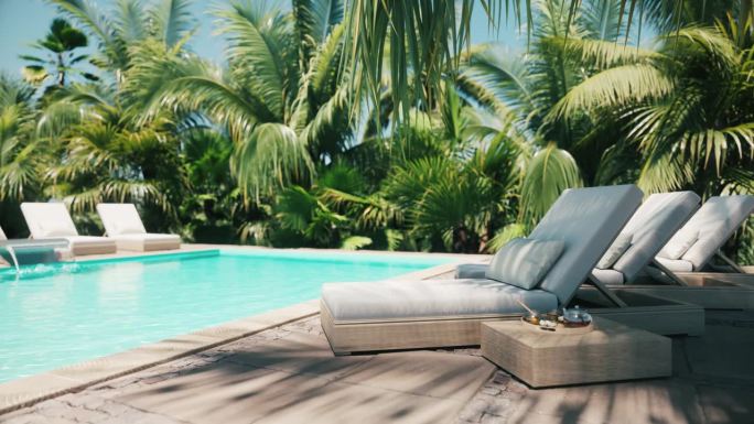 靠近泳池的躺床。有日光浴床和棕榈树的露台。在异国情调的酒店泳池露台上放松。