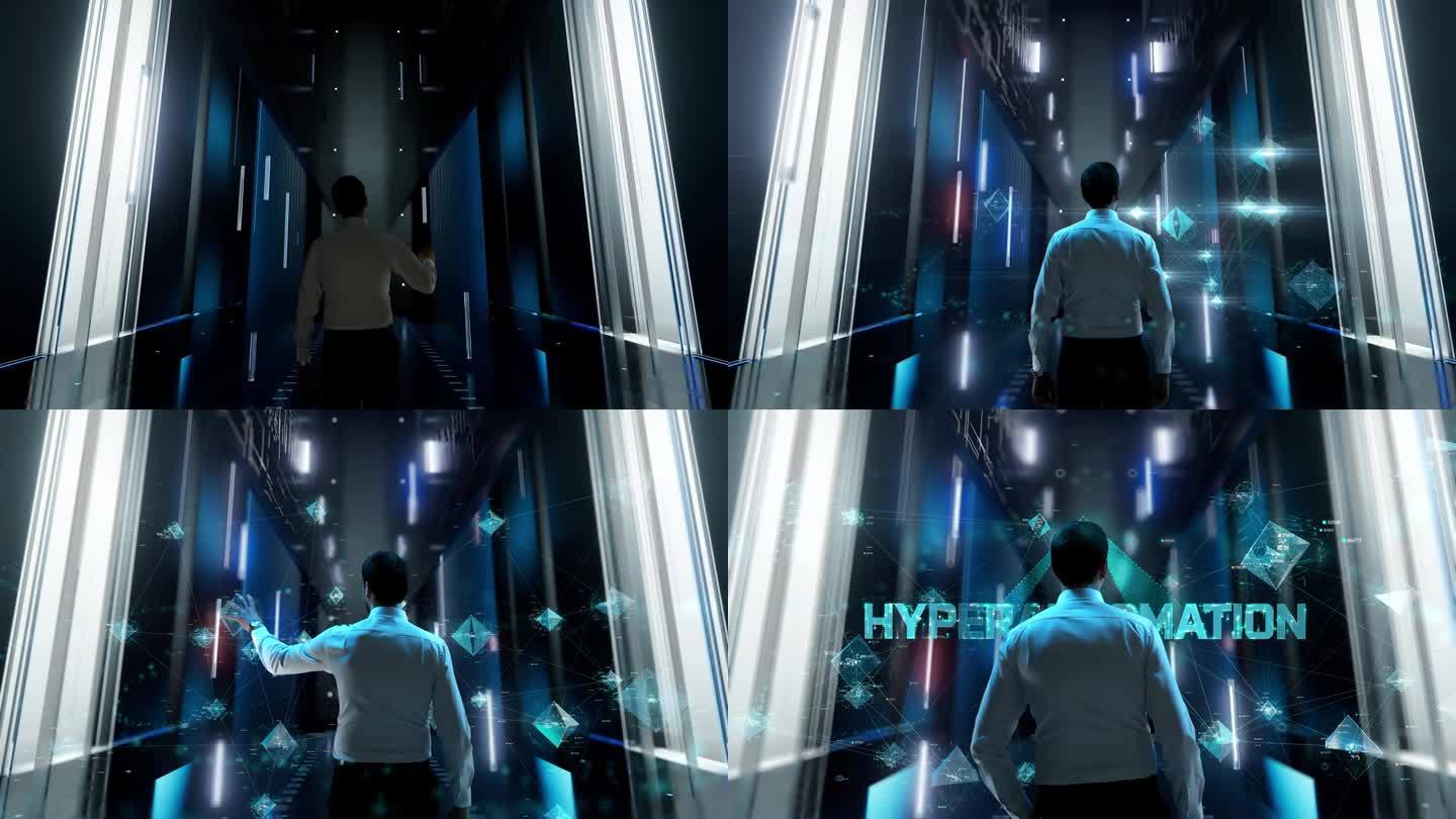 Hyperautomation。未来主义办公室内部的人移动和激活全息图。