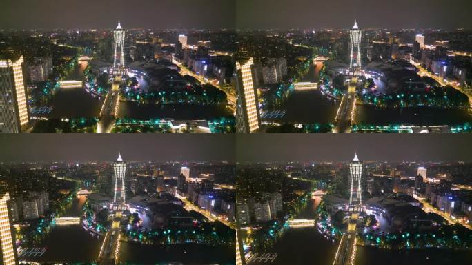 中国杭州下城区西湖文化广场广场。夜间空中俯瞰住宅区，是充满活力的文化、娱乐、城市生活、表演和聚会中心
