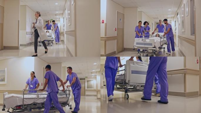 一群多种族的护士在医院走廊上推着装有昏迷病人的轮式病床