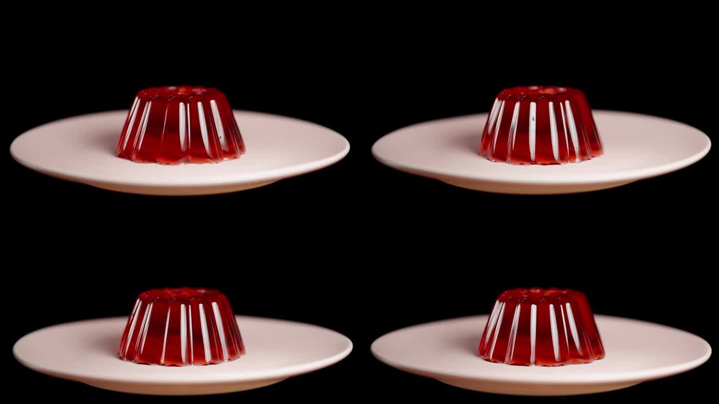 红色经典形状的果冻放在盘子里，在黑色背景下旋转。