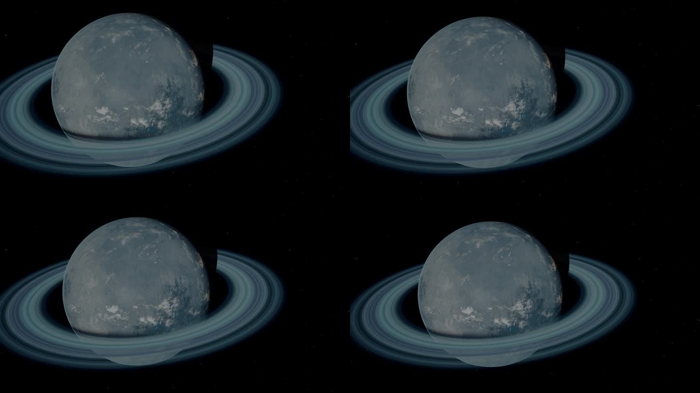 太空广角拍摄的蓝色贫瘠海冰行星上有冰冻的海洋和环