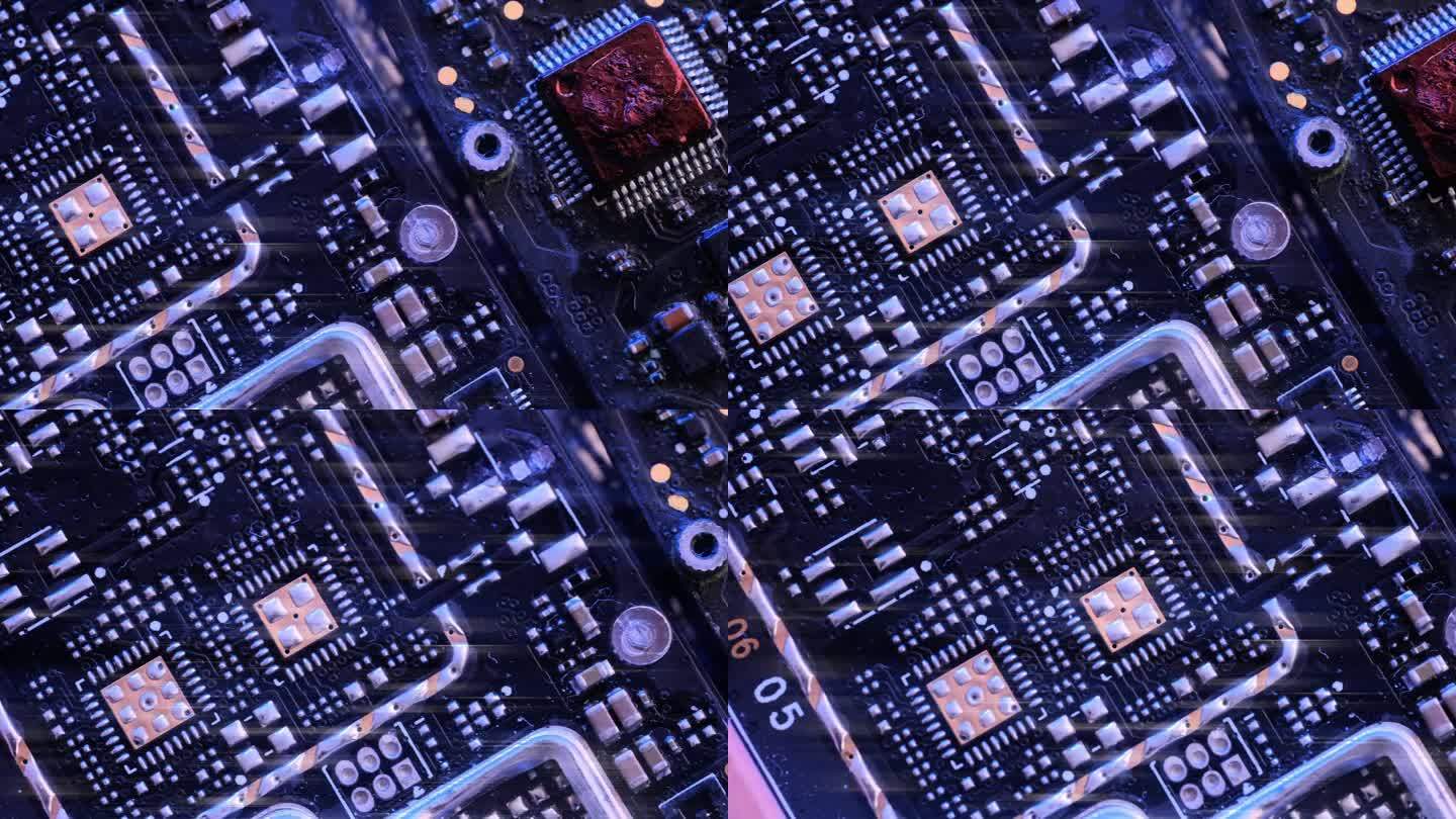 微芯片和微处理器，跟踪镜头。电脑电脑芯片蓝光近照。