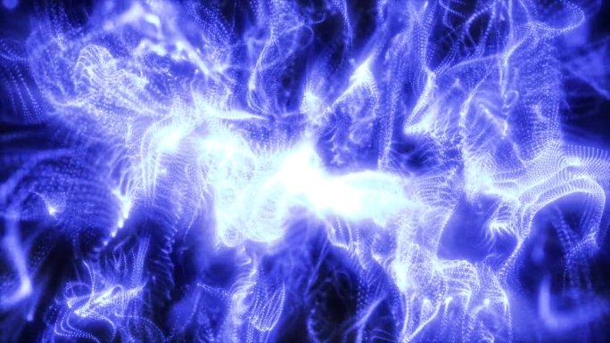 抽象的蓝色波浪和烟雾粒子的能量神奇明亮的发光液体，背景