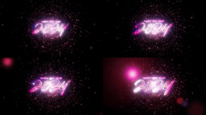 2024新年快乐辉光文字与辉光紫色粉红色星星粒子电影标题抽象背景为您的事件，VJ，音乐会，标题，预览