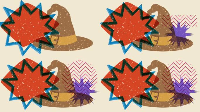 Risograph万圣节女巫的帽子和演讲泡沫与几何形状的动画。