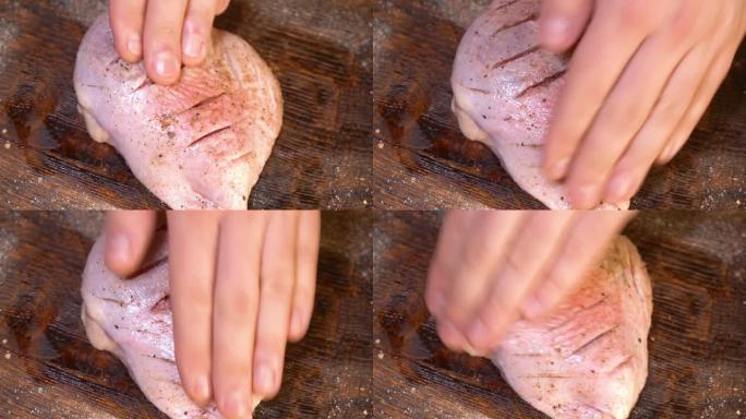 鸭腿裹上香料用于烹饪。