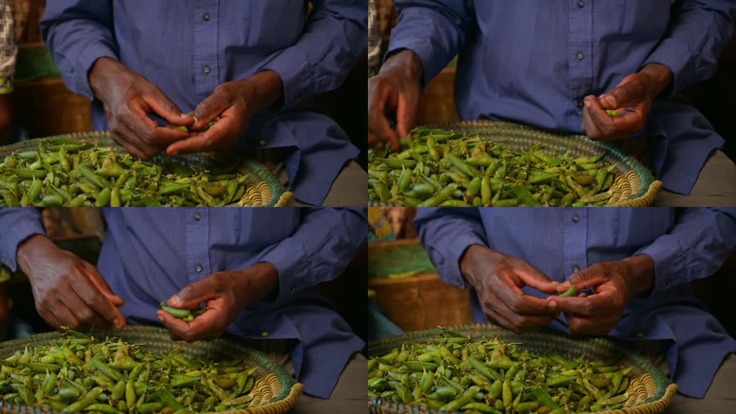 非洲人剥豌豆的手。特写镜头