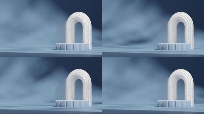 无缝循环阴影动画与玻璃圈和白色大理石拱门，渲染三维镜头空白模型的蓝色支柱形状的讲台