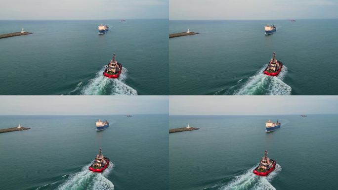 拖船随船进货港。国际港口的货船鸟瞰图和国际海运。