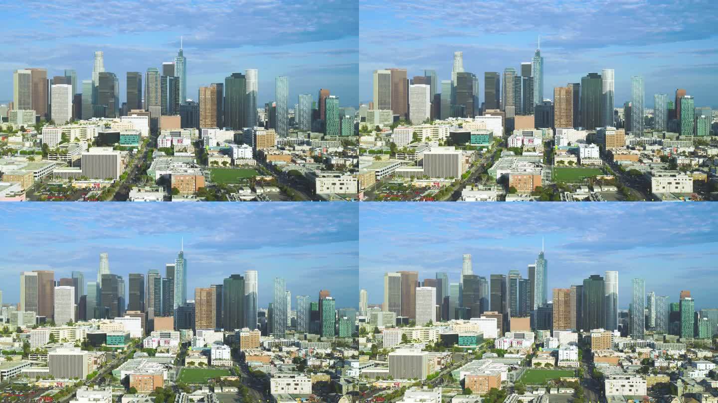 洛杉矶市中心摩天大楼的缓慢空中轨道拍摄