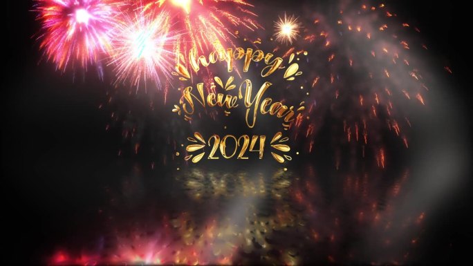 新年快乐2024金色文字与美丽的烟花动画标题抽象背景。新年主题背景为庆祝活动，冬季圣诞