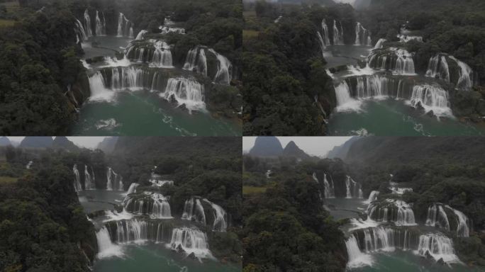 在越南曹邦的ban gioc瀑布的侧面平移镜头，航拍
