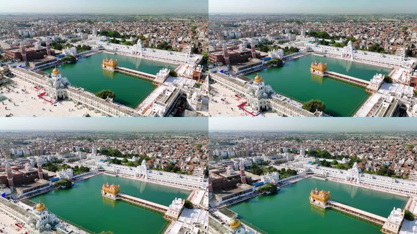印度，阿姆利则:旁遮普邦著名城市的鸟瞰图，标志性建筑金庙——南亚全景