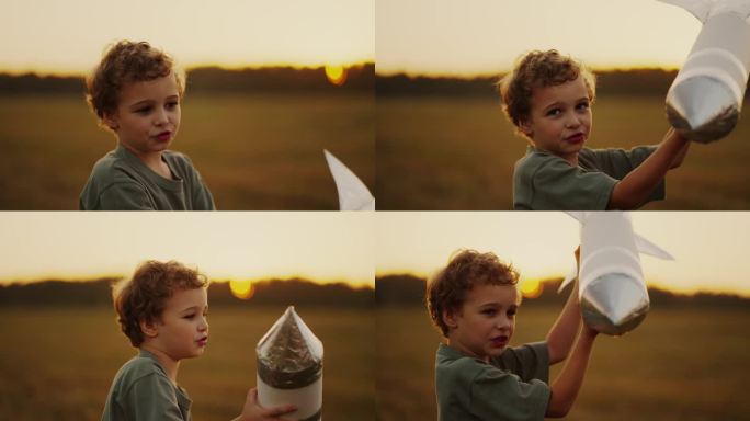 快乐的童年时光，小宇航员在太空中发射火箭的肖像，男孩拿着火箭