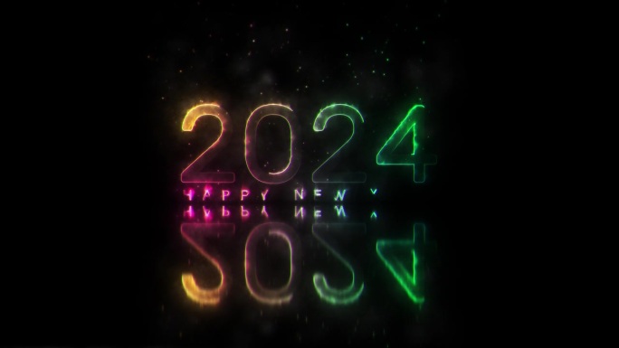 2024新年快乐彩色霓虹激光文字动画故障效果电影标题黑色抽象背景。