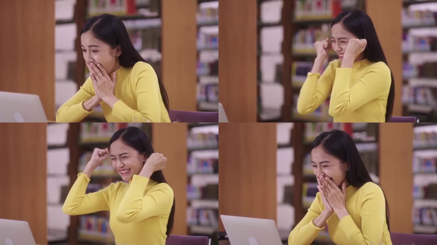 是啊!亚洲学生们用笔记本电脑上网后，紧握着拳头，高兴地说:“考试成绩好，通过了图书馆的考试。”