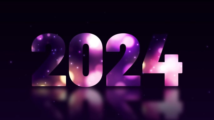 2024年新年快乐，霓虹灯闪闪发光。烟花2024新年快乐黑暗的夜空背景与装饰与霓虹数字在黑色的背景。