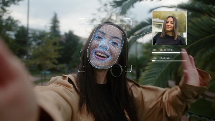 现代人脸识别技术应用生物特征画像。高科技三维人脸识别和年轻美女挥手检测。